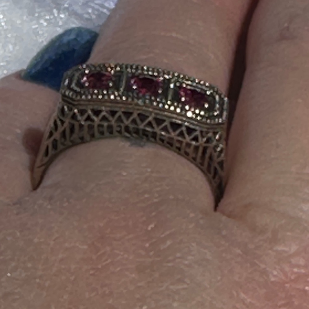 Sterling Silver ruby Three-Stone Ring with antiquing - Picture 2 of 16